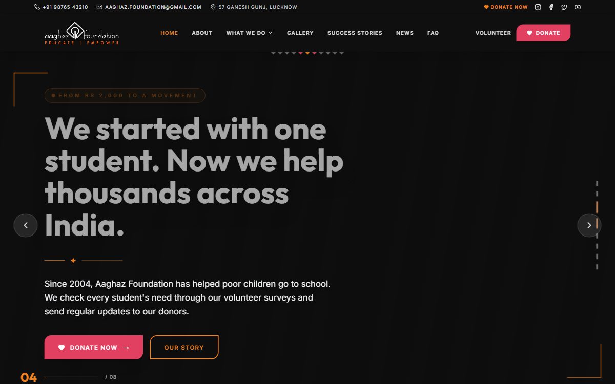 Screenshot of the Aaghaz Foundation homepage