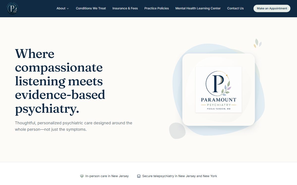 Screenshot of the Paramount Psychiatry homepage